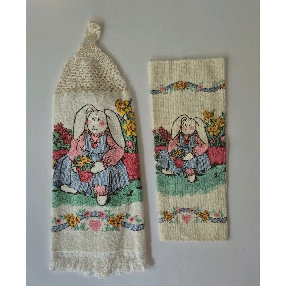 Vintage Cotton 2 PC Bunny Flowers Embroidered Kitchen Towel and Dish Cloth Set